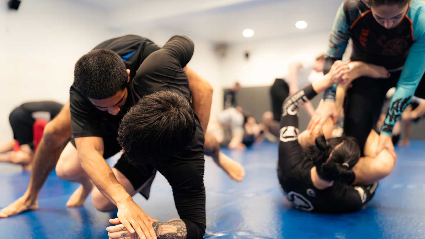 Group of people training jiu-jitsu, focusing on pairs grappling on the mat