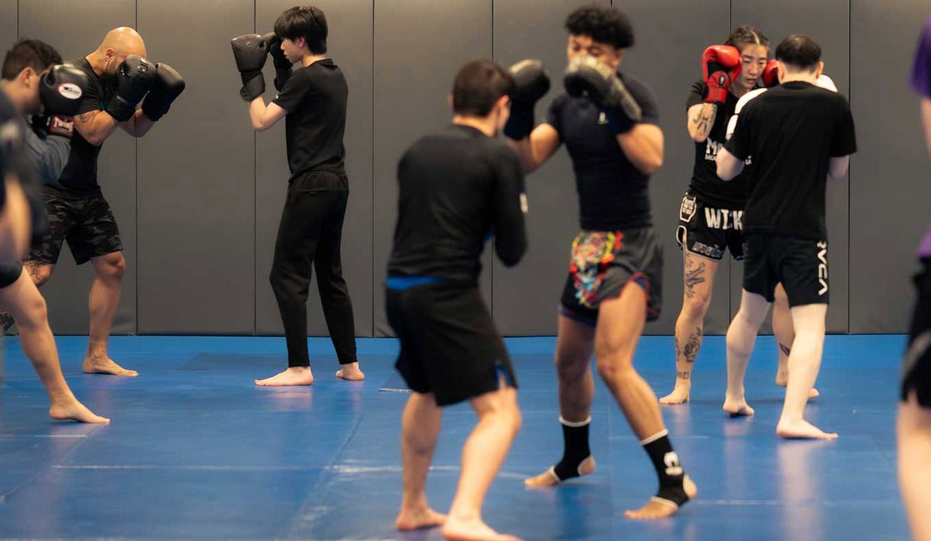 Training partners drilling pad work together barefoot on the gym mats
